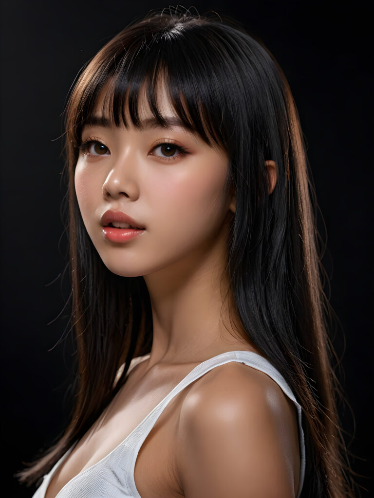 a young beautiful young little Korean teenage girl, ((long straight black jet hair, bangs)), ((full lips)), (((mouth slightly open))), ((seductive look)), tanned skin, (realistic shiny round light brown eyes), (((angelic face))), black background, (perfect shadows), (weak light falls into the picture from the side), (perfect curved body), she looks seductively at the viewer, (flawless skin), ((side view)) ((ultra realistic photo)) ((stunning)) ((gorgeous)) ((4k)) ((upper body)) ((close up))