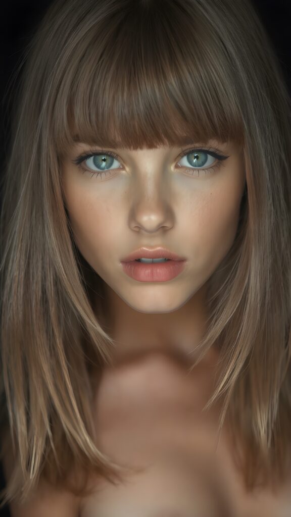 a young beautiful girl, ((jet soft straight light brown hair, bangs frame her face)), ((full natural lips)), (((mouth slightly open))), ((seductive look)), glossy shiny tanned skin, (realistic shiny round light blue eyes), (((angelic face))), black background, (perfect shadows), (light falls into the picture from the side), (perfect curved body), she looks seductively at the viewer, (flawless skin), ((side view)) ((ultra realistic photo)) ((stunning)) ((gorgeous)) ((4k)) ((upper body))