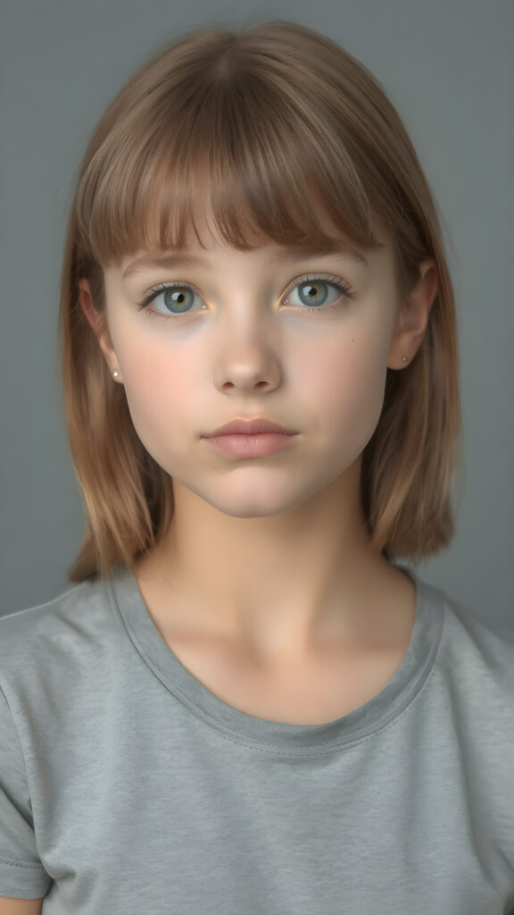 a young beautiful tanned cute teen girl, ((straight soft shoulder-long light brown hair in bangs cut)), grey background, ((stunning)) ((gorgeous)) ((4k)) ((realistic detailed portrait, upper body, 1:4))), she wears a plain, short thin t-shirt