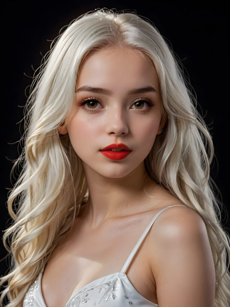 a young beautiful young girl, 16 years old, her mouth is slightly open ready to kiss, ((full red lips)), she has (((detailed long jet straight soft white hair))), and (realistic amber light eyes), ((angelic face)), black background, perfect shadows, weak light falls into the picture, perfect curved body, wears a cropped tank top, she looks seductively at the viewer, flawless skin, ((side view)) ((ultra realistic photo)) ((stunning)) ((gorgeous)) ((4k))