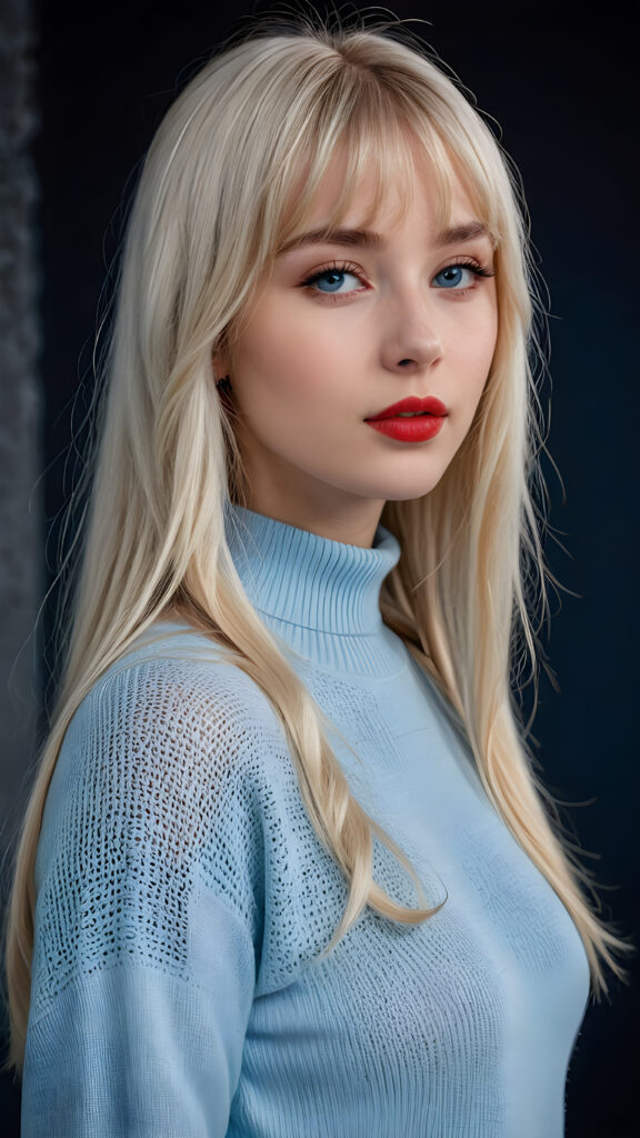 a young beautiful young Nordic girl, she has full red lips and her mouth is slightly open ready to kiss, white teeth, she has long (((detailed white straight hair in bangs cut))) (her hair falls on her shoulders), and (realistic light blue eyes), ((angelic face)), dark background, perfect shadows, weak light falls into the picture from the side, she wears a tight (((sweater in blue))), perfect curved body, she looks seductively at the viewer, flawless skin, ((side view)) ((ultra realistic photo)) ((stunning)) ((gorgeous)) ((4k))