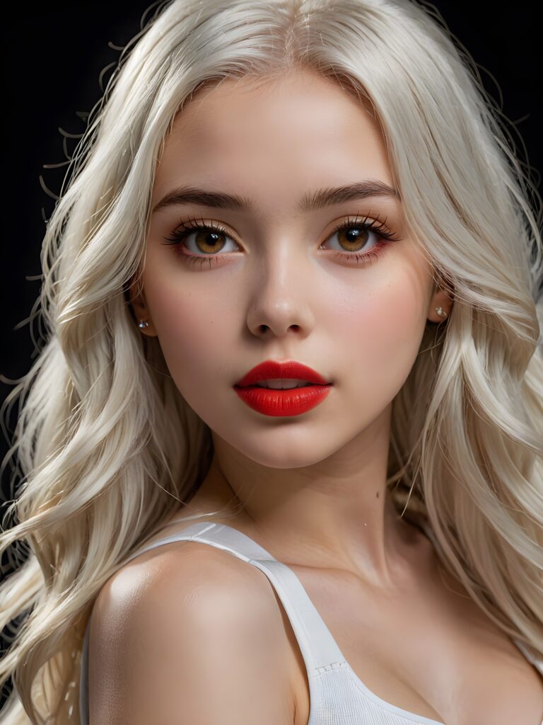 a young beautiful young girl, 16 years old, her mouth is slightly open ready to kiss, ((full red lips)), she has (((detailed long jet straight soft white hair))), and (realistic amber light eyes), ((angelic face)), black background, perfect shadows, weak light falls into the picture, perfect curved body, wears a cropped tank top, she looks seductively at the viewer, flawless skin, ((side view)) ((ultra realistic photo)) ((stunning)) ((gorgeous)) ((4k))