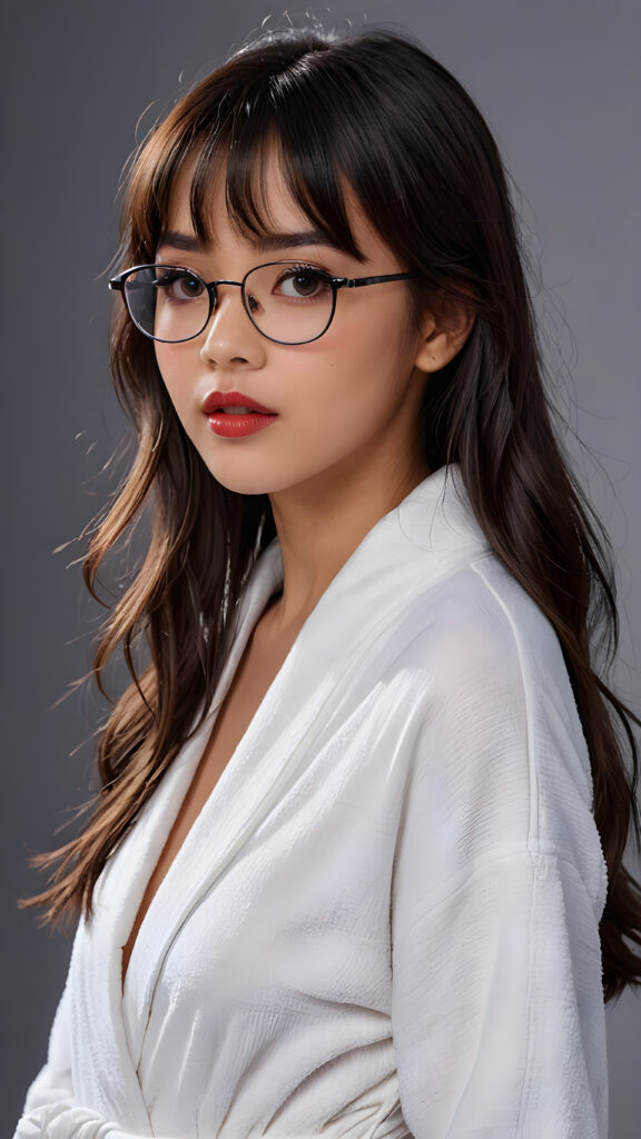 a young beautiful Exotic teen girl, wearing a large, dark prescription glasses, she wears a white bathrobe, she has (full red lips) and her mouth is slightly open, she has long (((detailed straight shoulder-length dark hair, bangs that are parted to the side))), and (realistic dark eyes), ((angelic face)), ((grey background)), perfect shadows, weak light falls into the picture from the side, perfect curved body, she looks seductively at the viewer, flawless skin, white teeth, ((side view)) ((ultra realistic photo)) ((stunning)) ((gorgeous)) ((4k)) ((upper body))