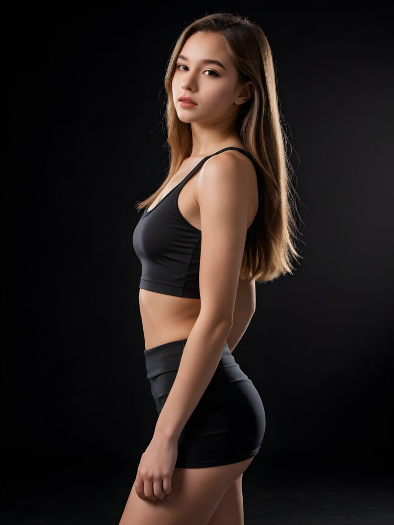 a stunningly gorgeous (((young teen girl))), age 15, with impeccably curved figure and (((short crop sport tank top))), short mini skirt that showcases her figure, face framed by long, sleek locks, highlighted by (perfectly defined) side swept bangs and full, kissable lips, all under (4K realistic detail) against a (black, high-quality backdrop), captured from a (side angle).