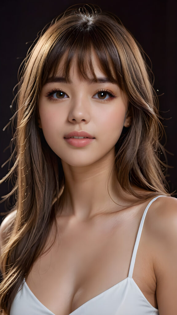 a young beautiful teen girl, she has full lips and her mouth is slightly open ready to kiss, she has long (((detailed brown straight shoulder-length hair, bangs that are parted to the side))), and (realistic light brown eyes), ((angelic face)), dark background, perfect shadows, weak light falls into the picture from the side, she wears a tight (((crop top in white))), perfect curved body, she looks seductively at the viewer, flawless skin, white teeth, ((side view)) ((ultra realistic photo)) ((stunning)) ((gorgeous)) ((4k)) ((upper body))