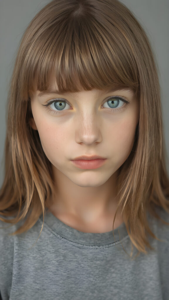 a young beautiful tanned cute teen girl, ((straight soft shoulder-long light brown hair in bangs cut)), grey background, ((stunning)) ((gorgeous)) ((4k)) ((realistic detailed portrait, upper body, 1:4))), she wears a plain, short thin t-shirt