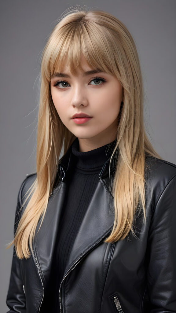 a young beautiful cute petite teen girl, perfect curved body, full lips, wears a black jacket, ((straight blond hair, bangs cut), ((stunning)) ((gorgeous)), ((grey background)) ((a drawing from points))