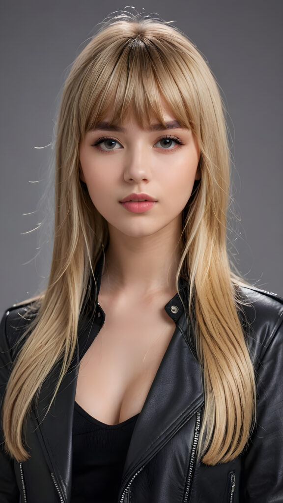 a young beautiful cute petite teen girl, perfect curved body, full lips, wears a black jacket, ((straight blond hair, bangs cut), ((stunning)) ((gorgeous)), ((grey background)) ((a drawing from points))