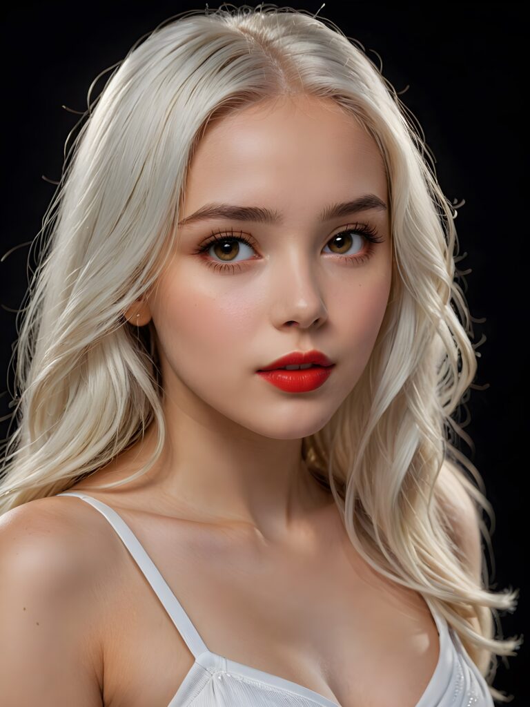 a young beautiful young girl, 16 years old, her mouth is slightly open ready to kiss, ((full red lips)), she has (((detailed long jet straight soft white hair))), and (realistic amber light eyes), ((angelic face)), black background, perfect shadows, weak light falls into the picture, perfect curved body, wears a cropped tank top, she looks seductively at the viewer, flawless skin, ((side view)) ((ultra realistic photo)) ((stunning)) ((gorgeous)) ((4k))