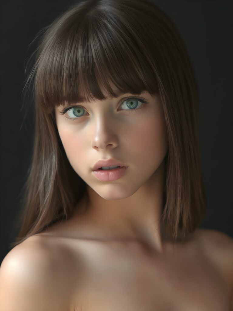 a beautiful young girl, 14 years old, ((jet soft straight hair, bangs frame her face)), ((full natural lips)), (((mouth slightly open))), ((seductive look)), glossy shiny tanned skin, (realistic shiny round light blue eyes), (((angelic face))), black background, (perfect shadows), (light falls into the picture from the side), (perfect curved body), she looks seductively at the viewer, (flawless skin), ((side view)) ((ultra realistic photo)) ((stunning)) ((gorgeous)) ((4k)) ((upper body)), all against a natural grey backtrop