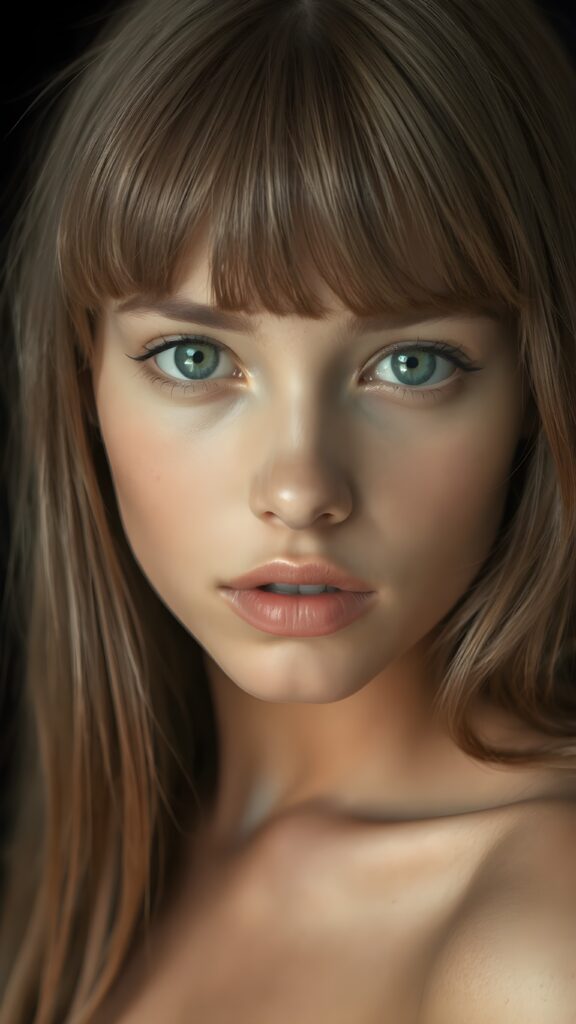 a young beautiful girl, ((jet soft straight light brown hair, bangs frame her face)), ((full natural lips)), (((mouth slightly open))), ((seductive look)), glossy shiny tanned skin, (realistic shiny round light blue eyes), (((angelic face))), black background, (perfect shadows), (light falls into the picture from the side), (perfect curved body), she looks seductively at the viewer, (flawless skin), ((side view)) ((ultra realistic photo)) ((stunning)) ((gorgeous)) ((4k)) ((upper body))