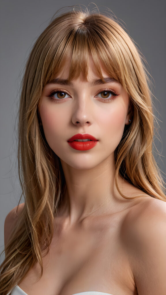 a young beautiful girl, she has (full red lips) and her mouth is slightly open, she has long (((detailed straight shoulder-length brown blond hair, bangs that are parted to the side))), and (realistic dark eyes), ((angelic face)), ((grey background)), perfect shadows, weak light falls into the picture from the side, perfect curved body, she looks seductively at the viewer, flawless skin, white teeth, ((side view)) ((ultra realistic photo)) ((stunning)) ((gorgeous)) ((4k)) ((upper body))