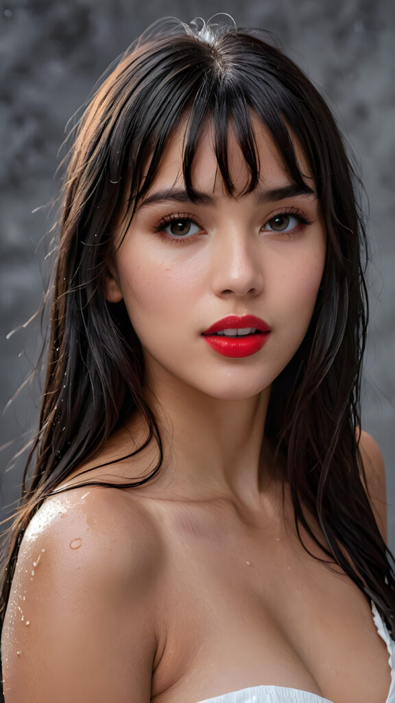 a young beautiful young busty teen girl, she has (full red lips) and her mouth is slightly open, she has long (((detailed straight wet shoulder-length dark hair, bangs that are parted to the side))), and (realistic dark eyes), ((round angelic face)), ((grey background)), perfect shadows, weak light falls into the picture from the side, perfect curved body, she looks seductively at the viewer, flawless skin, white teeth, ((side view)) ((ultra realistic photo)) ((stunning)) ((gorgeous)) ((4k)) ((upper body))