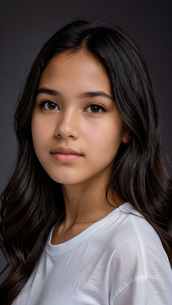 a young beautiful cute Peruvian teen girl, 15 years old, dimmed light falls on her face, she has long (((dark hair))) and dark eyes, ((angelic round face)), ((realistic, detailed portrait)), grey background, perfect shadows, she wears a white t-shirt, perfect curved body, upper body, ((side view))