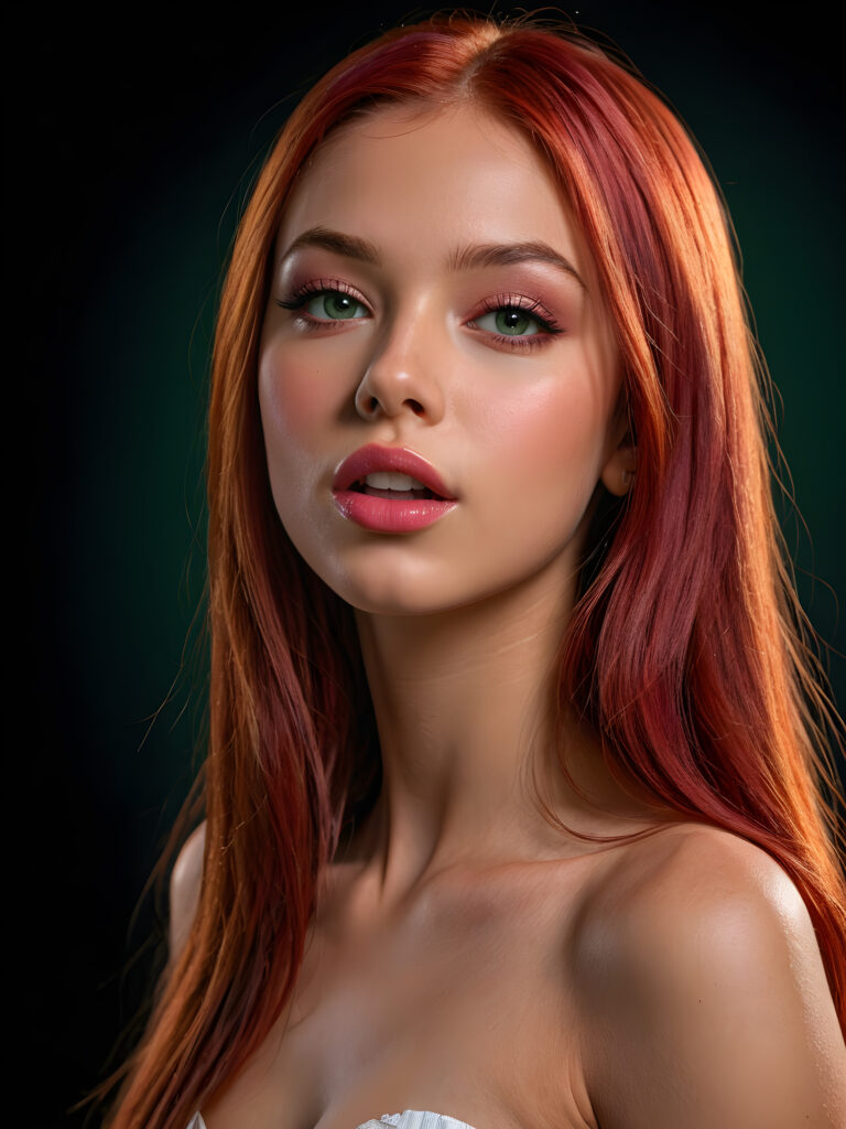 a young beautiful young little teenage girl, ((red long straight jet hair)), ((full pink lips)), (((mouth slightly open))), ((seductive look)), tanned skin, (realistic shiny round light green eyes), (((angelic face))), black background, (perfect shadows), (weak light falls into the picture from the side), (perfect curved body), she looks seductively at the viewer, (flawless skin), ((side view)) ((ultra realistic photo)) ((stunning)) ((gorgeous)) ((4k)) ((upper body)) ((close up))