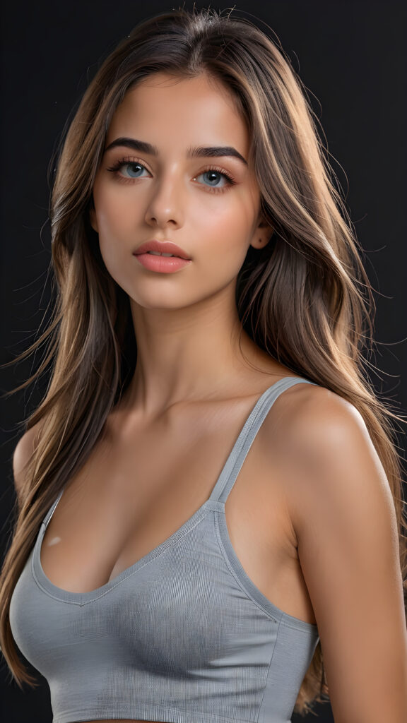 a young beautiful young girl, she has full lips and her mouth is slightly open ready to kiss, she has long (((detailed straight hair))) (her hair falls on her shoulders), and (realistic light blue eyes), ((angelic face)), black background, perfect shadows, weak light falls into the picture from the side, she wears a tight (((grey crop top))), perfect curved body, she looks seductively at the viewer, flawless skin, ((side view)) ((ultra realistic photo)) ((stunning)) ((gorgeous)) ((4k))