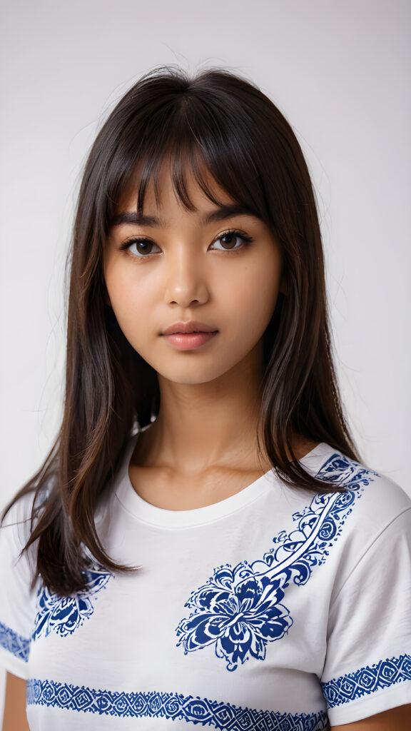 a young brown-skinned Exotic teen girl, detailed close-up portrait, straight black long full hair, bangs cut, ((stunning)) ((gorgeous)) ((white background)) ((wears a white oriental patterned t-shirt))