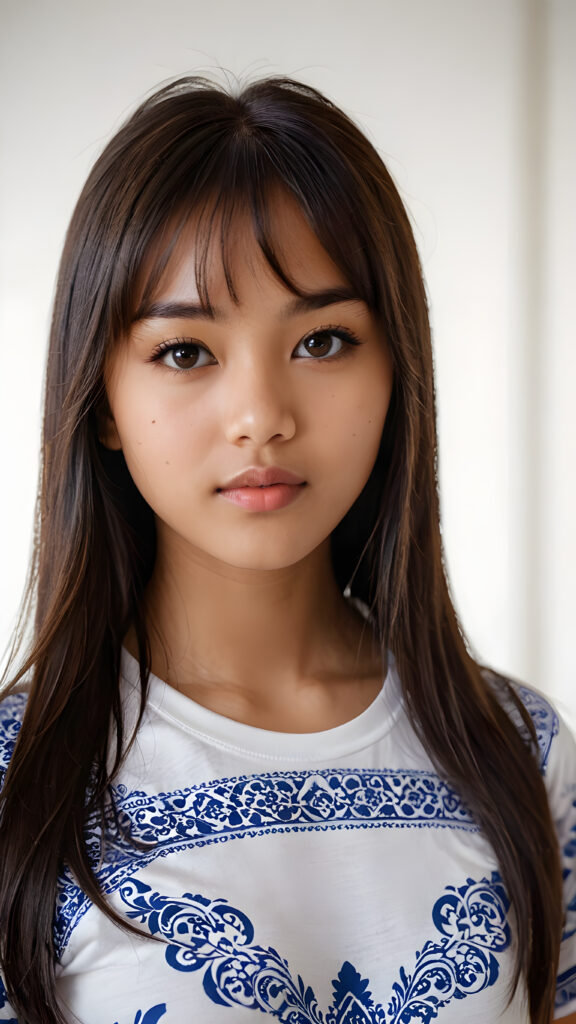 a young brown-skinned Exotic teen girl, detailed close-up portrait, straight black long full hair, bangs cut, ((stunning)) ((gorgeous)) ((white background)) ((wears a white oriental patterned t-shirt))