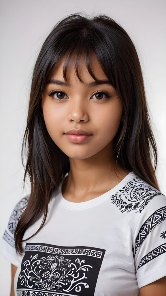 a young brown-skinned Exotic teen girl, detailed close-up portrait, straight black long full hair, bangs cut, ((stunning)) ((gorgeous)) ((white background)) ((wears a white oriental patterned t-shirt))