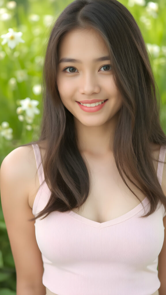 a young busty Indonesian model girl in a perfect portrait shot, with soft long hair, detailed round face, full lips, dark detailed eyes, smile, white teeth, she wears a cropped tank top with deep v-neck, cute and stunning, natural spring green backdrop