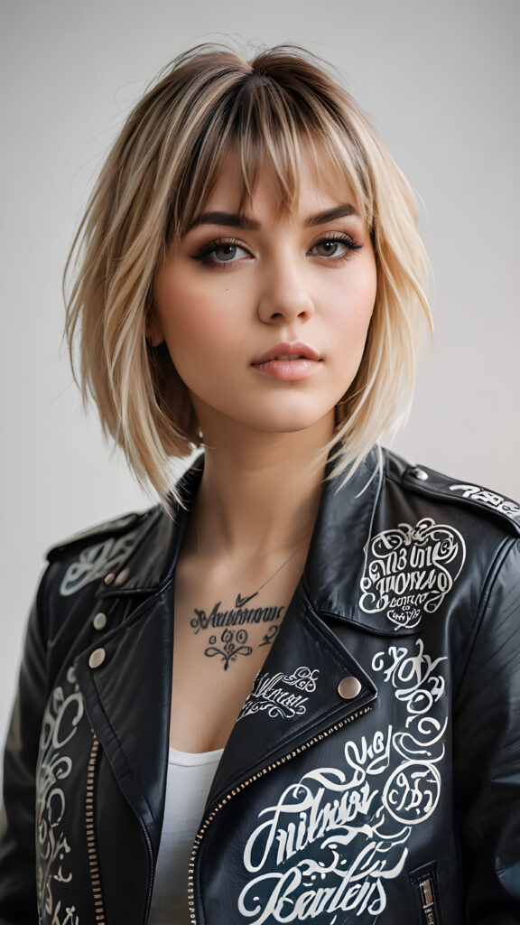 a young cute teenage girl with long two-toned blond bob cut hair, with bangs, ((black biker jacket)), ethereal, tattoo art style, ((calligraphic style)), hand painted, no photo realistic, hazy white backdrop, ((beautiful colors))