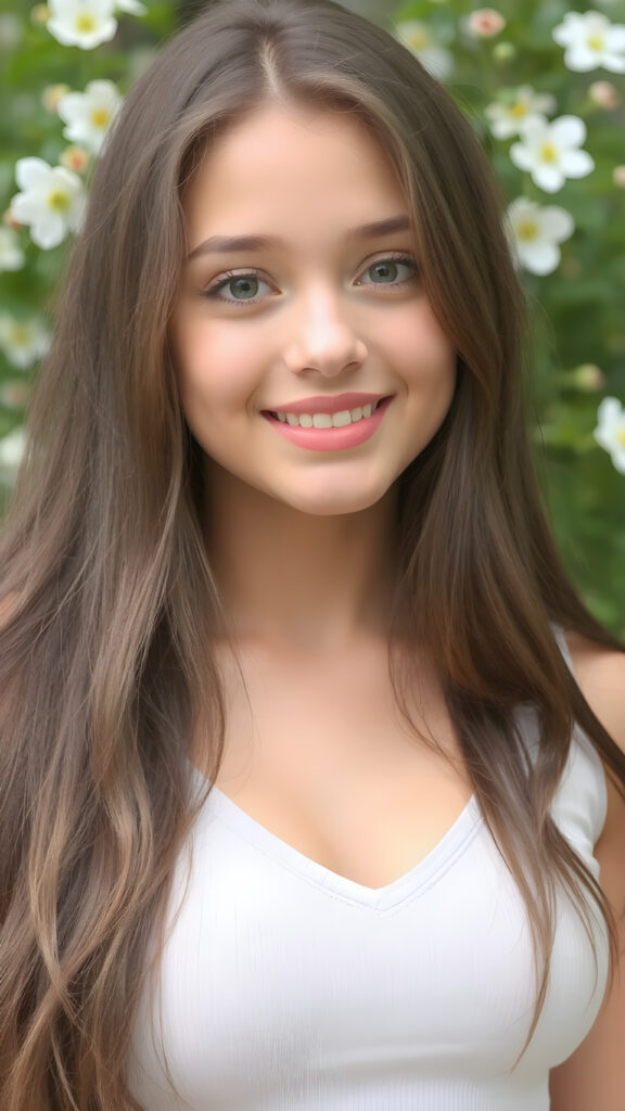 a young busty model teenage girl, in a perfect portrait shot, with soft long hair, detailed round face, full lips, dark detailed eyes, smile, white teeth, she wears a cropped tank top with deep v-neck, cute stunning and gorgeous, natural spring green backdrop