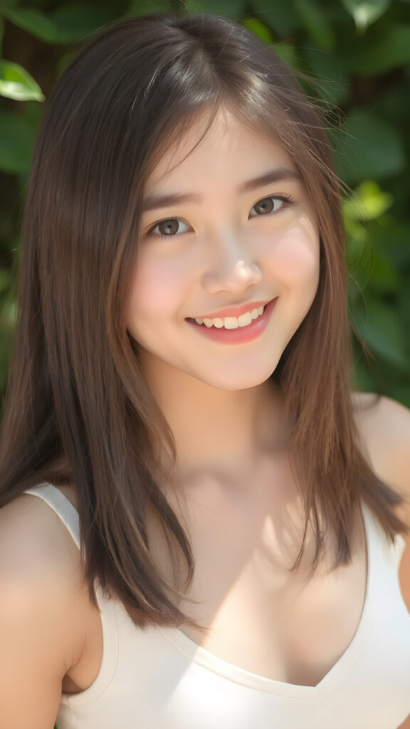 a young busty model girl from the East in a perfect portrait shot, 1:3, with straight soft long hair, detailed round face, full lips, amber eyes, smile, white teeth, she wears a cropped tank top with deep v-neck, cute and stunning, sunny green backdrop