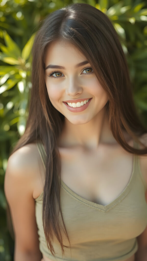 a young busty model girl in a perfect portrait shot, 1:3, with straight soft long hair, detailed round face, full lips, amber eyes, smile, white teeth, she wears a cropped tank top with deep v-neck, cute and stunning, sunny green backdrop