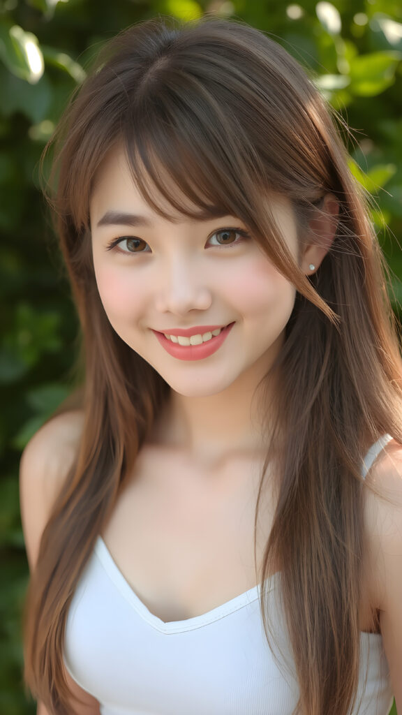 a young busty model girl from the East in a perfect portrait shot, 1:3, with straight soft long hair, detailed round face, full lips, amber eyes, smile, white teeth, she wears a cropped tank top with deep v-neck, cute and stunning, sunny green backdrop