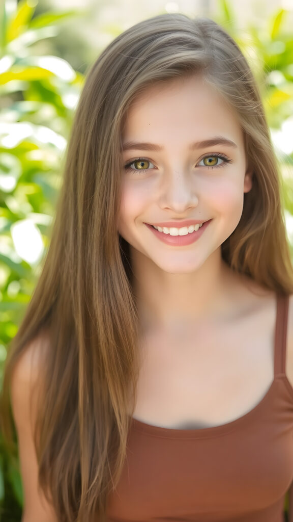 a young busty model teenage girl, in a perfect portrait shot, with soft long hair, detailed round face, full lips, dark detailed eyes, smile, white teeth, she wears a cropped tank top with deep v-neck, cute stunning and gorgeous, natural spring green backdrop