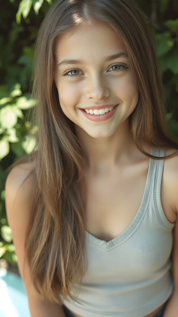 a young busty model teenage girl, in a perfect portrait shot, with soft long hair, detailed round face, full lips, dark detailed eyes, smile, white teeth, she wears a cropped tank top with deep v-neck, cute stunning and gorgeous, natural spring green backdrop