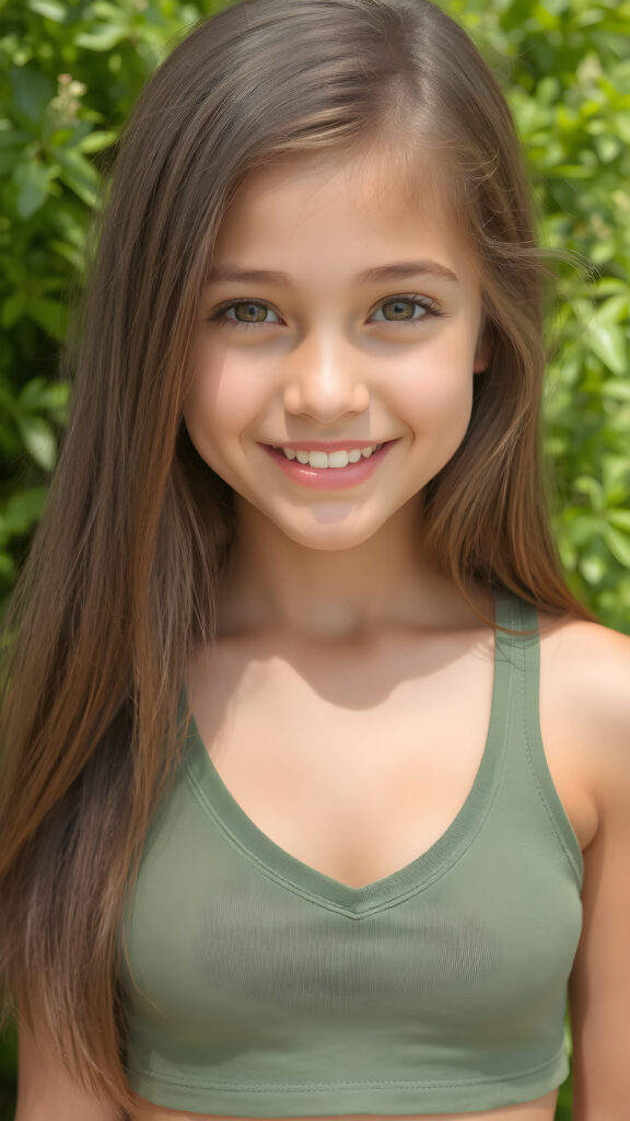 a young busty model teenage girl, in a perfect portrait shot, with soft long hair, detailed round face, full lips, dark detailed eyes, smile, white teeth, she wears a cropped tank top with deep v-neck, cute stunning and gorgeous, natural spring green backdrop