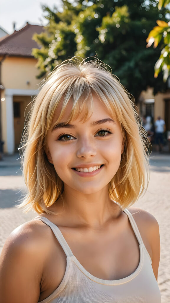 a (((young cute blond happy girl))), smile very happy, (wears a tank top), perfect curved body ((perfect portrait)), ((bangs cut, bob)) ((long straight smooth hair)) ((sunny backdrop))