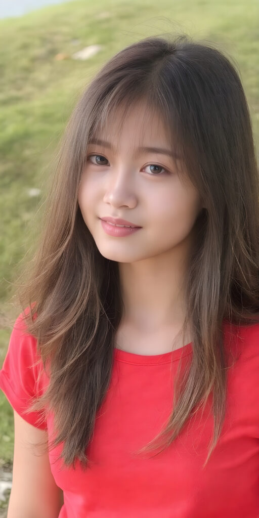 a young cute Asian girl with long, straight jet brown hair and an angelic face wears a red t-shirt that accentuates her perfectly shaped body. She looks seductively into the camera with a slight smile, sunny green backdrop on a hill, side shot, full body