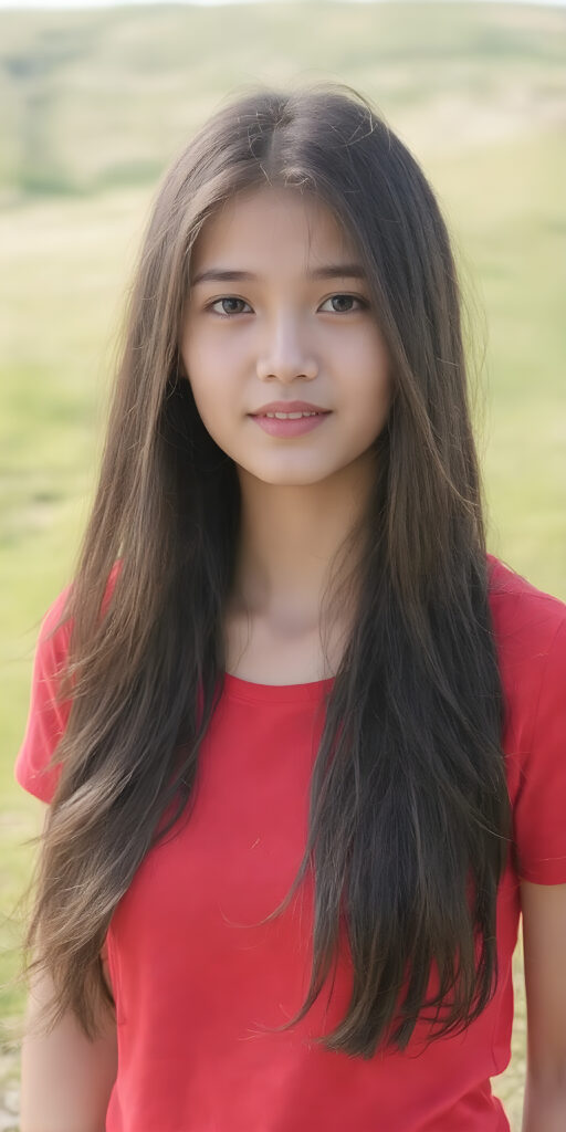 a young cute Asian girl with long, straight jet brown hair and an angelic face wears a red t-shirt that accentuates her perfectly shaped body. She looks seductively into the camera with a slight smile, sunny green backdrop on a hill, side shot, full body