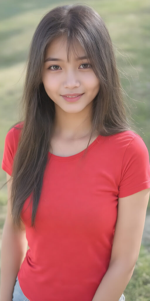 a young cute Asian girl with long, straight jet brown hair and an angelic face wears a red t-shirt that accentuates her perfectly shaped body. She looks seductively into the camera with a slight smile, sunny green backdrop on a hill, side shot, full body