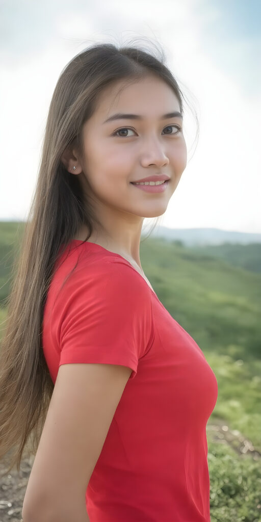 a young cute Asian girl with long, straight jet brown hair and an angelic face wears a red t-shirt that accentuates her perfectly shaped body. She looks seductively into the camera with a slight smile, sunny green backdrop on a hill, side shot, full body