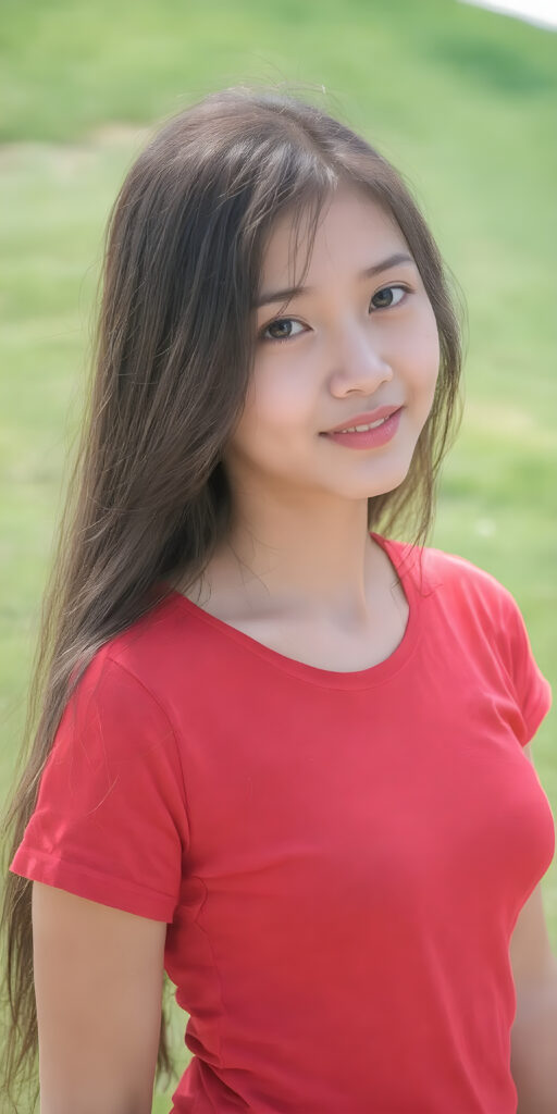 a young cute Asian girl with long, straight jet brown hair and an angelic face wears a red t-shirt that accentuates her perfectly shaped body. She looks seductively into the camera with a slight smile, sunny green backdrop on a hill, side shot, full body