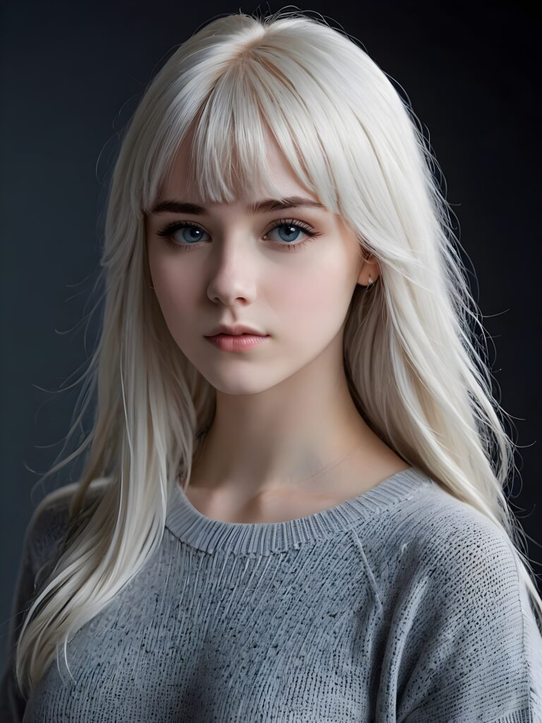 a young cute Emo teen girl, she has (((long platinum white colored hair, bangs cut))), and (realistic dark blue eyes), ((angelic round face)), perfect shadows, ((wearing a thin grey sweater)), she looks seductively at the viewer, weak light falls into the picture and creates a contrasting silhouette, upper body, flawless skin, dark background, ((ultra realistic photo)) ((stunning)) ((gorgeous)) ((4k))