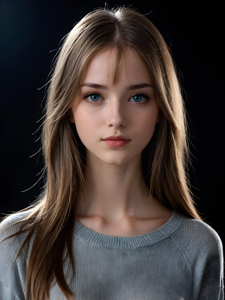 a young cute Emo teen girl, she has (((long straight hair))), and (realistic dark blue eyes), ((angelic round face)), perfect shadows, wearing a grey silk sweater, perfect curved body, she looks seductively at the viewer, weak light falls into the picture and creates a contrasting silhouette, upper body, flawless skin, black background, ((ultra realistic photo)) ((stunning)) ((gorgeous)) ((4k)) ((with a great neckline)) ((with a model pose))