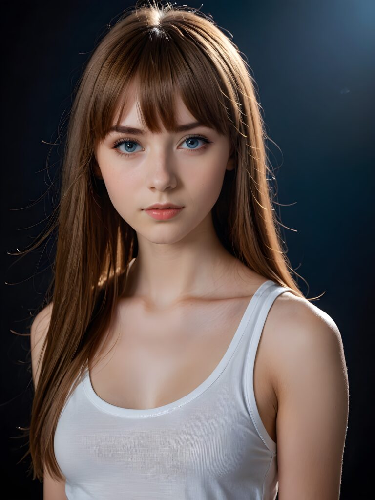 a young cute Emo teen girl, she has (((long straight hazelnut hair, bangs cut))), and (realistic dark blue eyes), ((angelic round face)), perfect shadows, ((wearing a thin white tank top)), she looks seductively at the viewer, weak light falls into the picture and creates a contrasting silhouette, upper body, flawless skin, dark mystic background, ((ultra realistic photo)) ((stunning)) ((gorgeous)) ((4k))