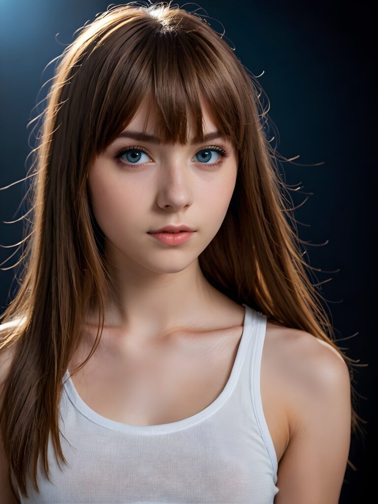 a young cute Emo teen girl, she has (((long straight hazelnut hair, bangs cut))), and (realistic dark blue eyes), ((angelic round face)), perfect shadows, ((wearing a thin white tank top)), she looks seductively at the viewer, weak light falls into the picture and creates a contrasting silhouette, upper body, flawless skin, dark mystic background, ((ultra realistic photo)) ((stunning)) ((gorgeous)) ((4k))