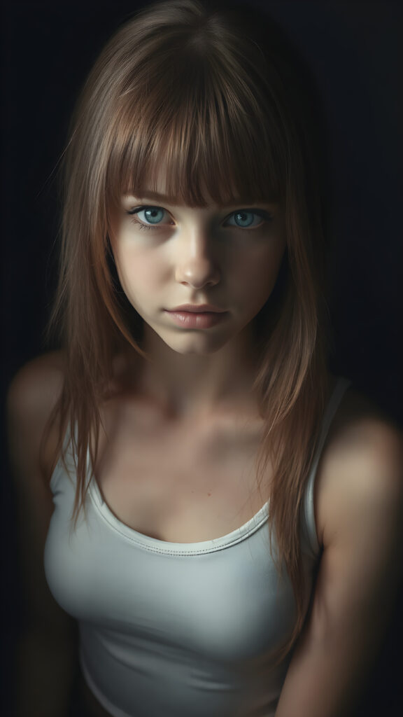 a young cute Emo teen girl, she has (((long straight hazelnut hair, bangs cut))), and (realistic dark blue eyes), ((angelic round face)), perfect shadows, ((wearing a thin white tank top)), she looks seductively at the viewer, weak light falls into the picture and creates a contrasting silhouette, upper body, flawless skin, dark mystic background, ((ultra realistic photo)) ((stunning)) ((gorgeous)) ((4k))