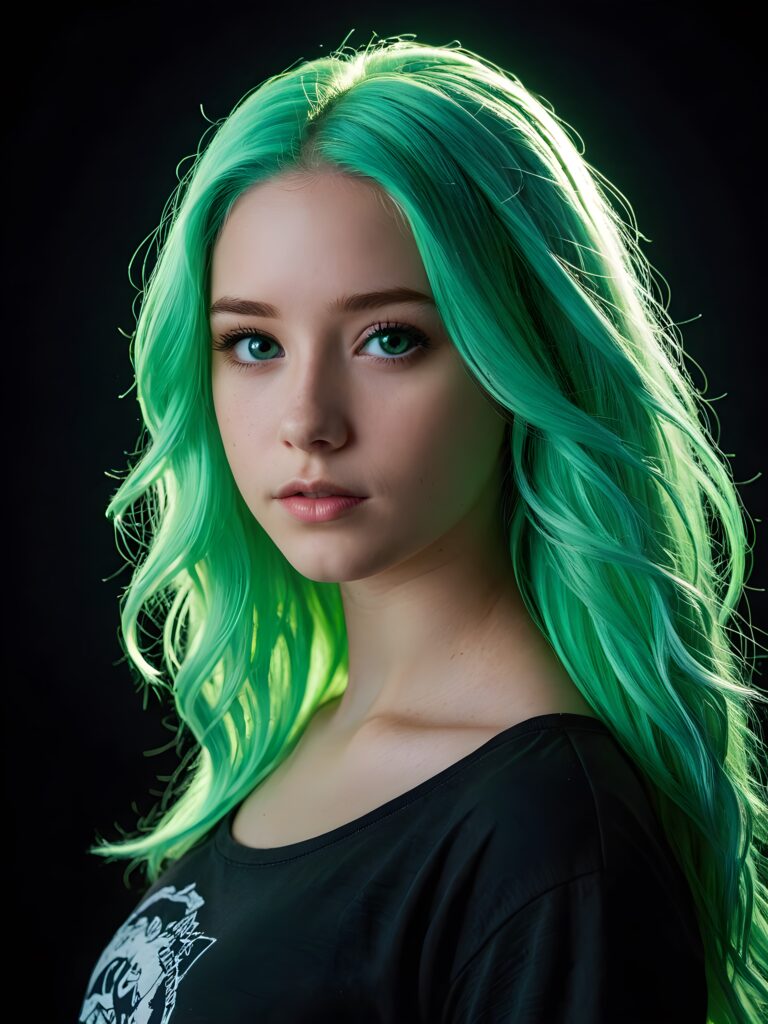 a young cute Emo teen girl, 13 years old, she has (((long neon light green hair))), and (realistic dark blue eyes), ((angelic round face)), perfect shadows, wearing a grey shirt, perfect curved body, she looks seductively at the viewer, weak light falls into the picture and creates a contrasting silhouette, upper body, flawless skin, black background, ((side profile)) ((ultra realistic photo)) ((stunning)) ((gorgeous)) ((4k))