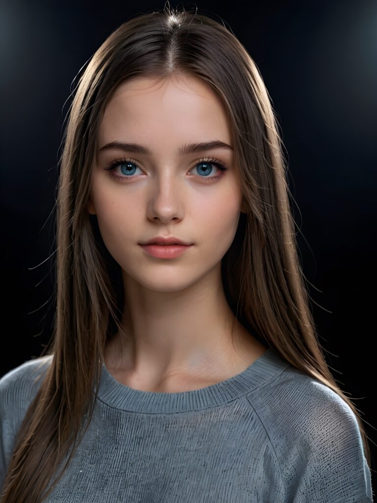 a young cute Emo teen girl, she has (((long straight hair))), and (realistic dark blue eyes), ((angelic round face)), perfect shadows, wearing a grey silk sweater, perfect curved body, she looks seductively at the viewer, weak light falls into the picture and creates a contrasting silhouette, upper body, flawless skin, black background, ((ultra realistic photo)) ((stunning)) ((gorgeous)) ((4k)) ((with a great neckline)) ((with a model pose))