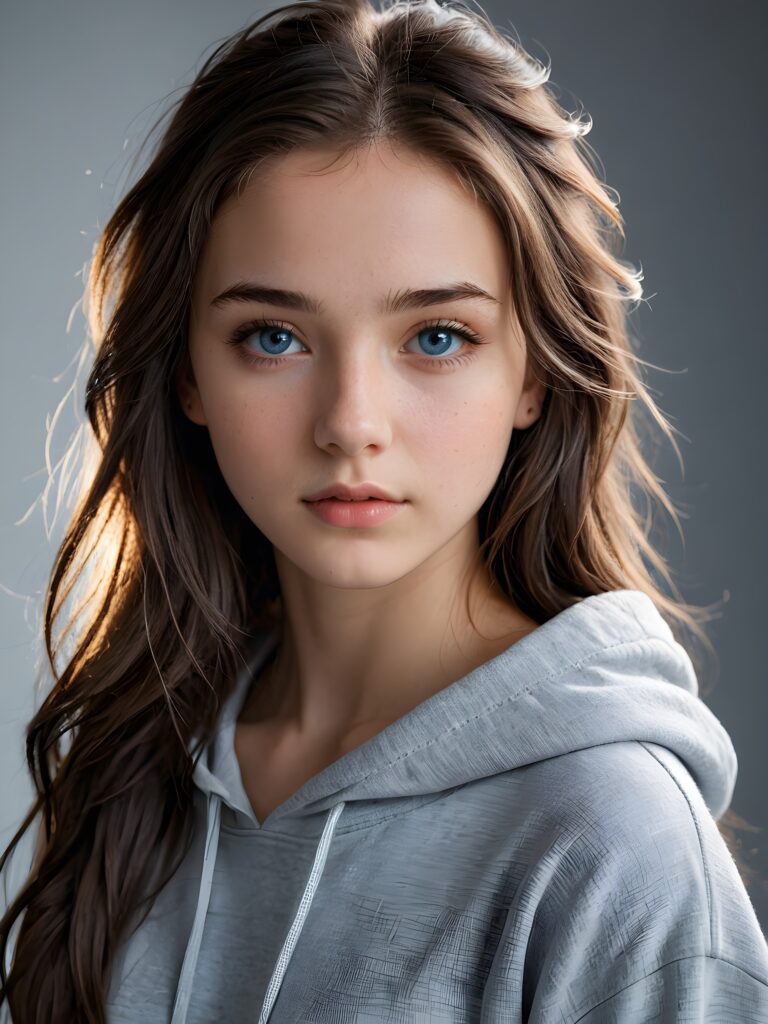 a young cute Emo teen girl, 15 years old, dimmed light falls on her, she has (((long hair))), and (realistic dark blue eyes), ((angelic round face)), in a dreamy, perfect shadows, wearing a grey hoodie, perfect curved body, she looks seductively at the viewer, upper body, flawless skin, light background, ((side profile)) ((ultra realistic photo)) ((stunning)) ((gorgeous)) ((4k))