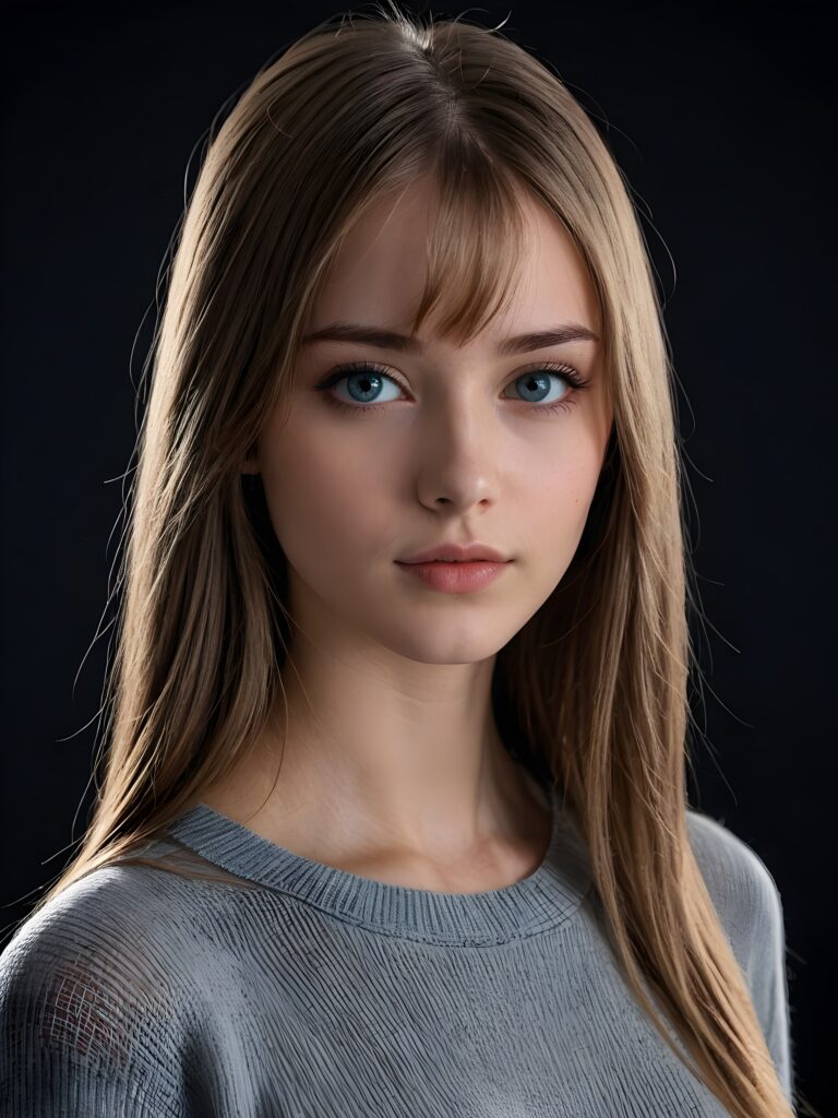 a young cute Emo teen girl, she has (((long straight hair))), and (realistic dark blue eyes), ((angelic round face)), perfect shadows, wearing a grey silk sweater, perfect curved body, she looks seductively at the viewer, weak light falls into the picture and creates a contrasting silhouette, upper body, flawless skin, black background, ((ultra realistic photo)) ((stunning)) ((gorgeous)) ((4k)) ((with a great neckline)) ((with a model pose))