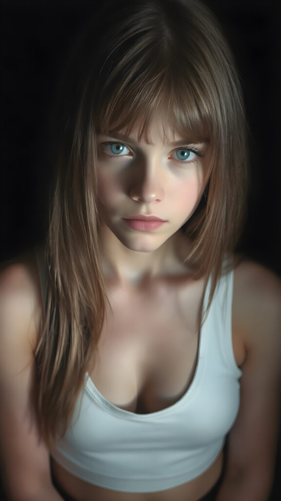 a young cute Emo teen girl, she has (((long straight hazelnut hair, bangs cut))), and (realistic dark blue eyes), ((angelic round face)), perfect shadows, ((wearing a thin white tank top)), she looks seductively at the viewer, weak light falls into the picture and creates a contrasting silhouette, upper body, flawless skin, dark mystic background, ((ultra realistic photo)) ((stunning)) ((gorgeous)) ((4k))