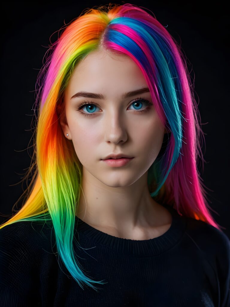 a young cute Emo teen girl, 13 years old, she has (((long straight neon rainbow colored hair))), and (realistic dark blue eyes), ((angelic round face)), perfect shadows, ((wearing a silk sweater)), perfect curved body, she looks seductively at the viewer, weak light falls into the picture and creates a contrasting silhouette, upper body, flawless skin, black background, ((ultra realistic photo)) ((stunning)) ((gorgeous)) ((4k))