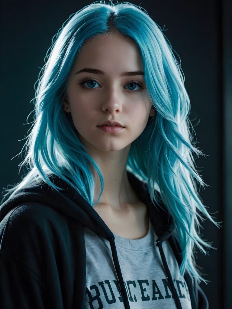 a young cute Emo teen girl, 15 years old, she has long (((neon light blue hair))), and (realistic dark blue eyes), ((angelic round face)), in a dreamy, perfect shadows, wearing a grey hoodie, perfect curved body, she looks seductively at the viewer, weak light falls into the picture and creates a contrasting silhouette, upper body, flawless skin, dark background, ((side profile)) ((ultra realistic photo)) ((stunning)) ((gorgeous)) ((4k))